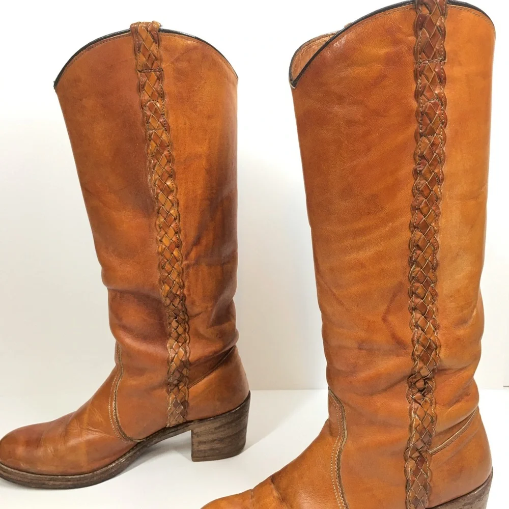 CAPEZIO True Vintage 70’s Yellow Golden Tan Leather Western Boho Tall Boot - Picture 8 of 16